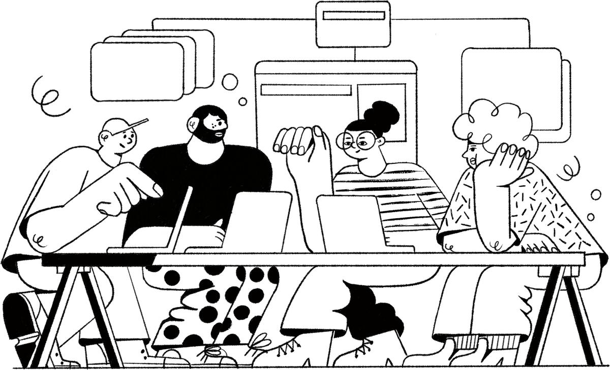 Vier illustrierte Menschen, mit übergroßen Armen und Händen sitzen gemeinsam an einem Tisch vor ihren Laptops. Über ihnen ist eine Art Mind-Map-Modell zu sehen.