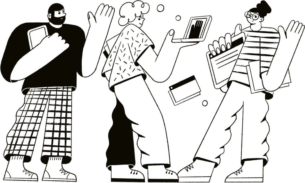 Three illustrated people with oversized hands, two of them are waving to each other, the third person is holding a laptop in their hand, on the screen of which another oversized waving hand can be seen.